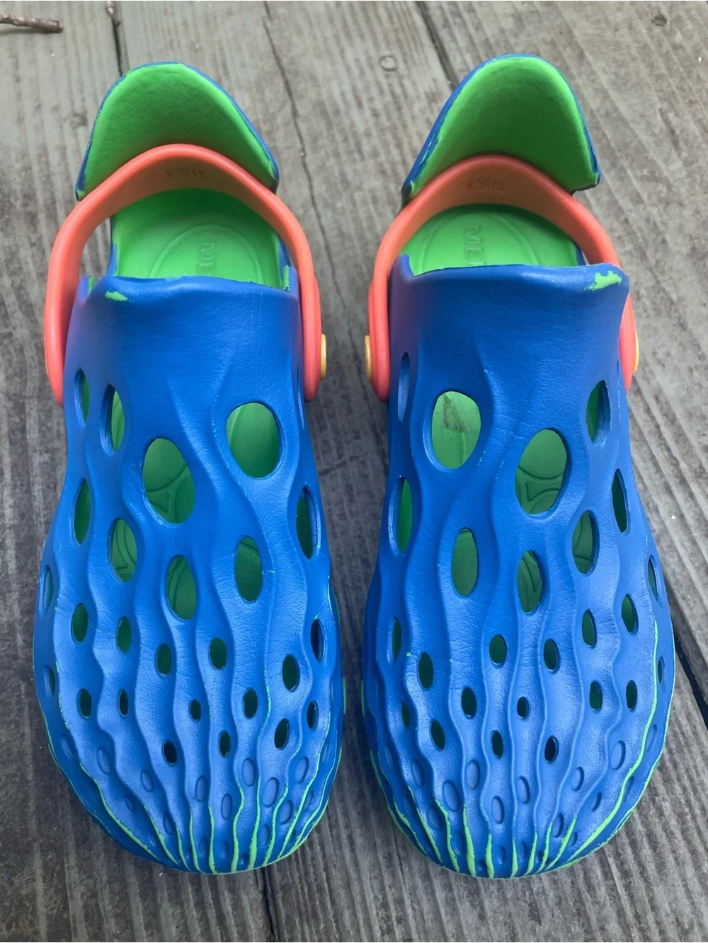 Merrell Kids Blue and Green Ventilated Water Clog with Orange Strap 13